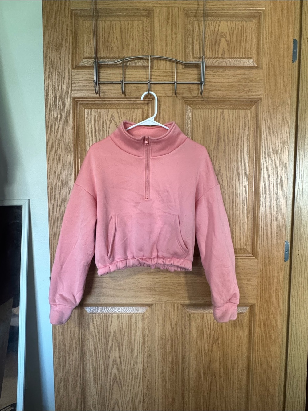 Cropped Half‑Zip Pullover Hoodie in Dusty Pink